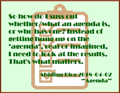 So how do I suss out whether/what an agenda is? Instead of getting hung up on the "agenda", real or imagined, I need to look at the results. That's what matters. #LookAtResults #ResultsMatter #AbidingBlog2018Agenda